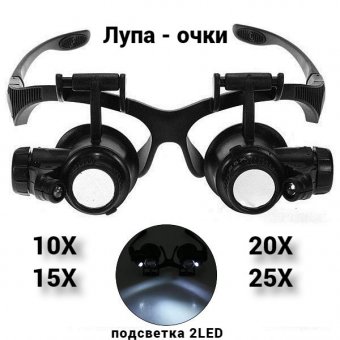 Лупа-очки ANYSMART налобная 10/15/20/25x, с подсветкой (2 LED) MG9892G/GJ