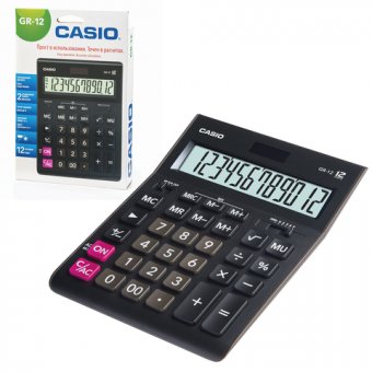 Калькулятор CASIO настольный GR-12-W, 12 разрядов, двойное питание, 209х155 мм, европодвес, черный