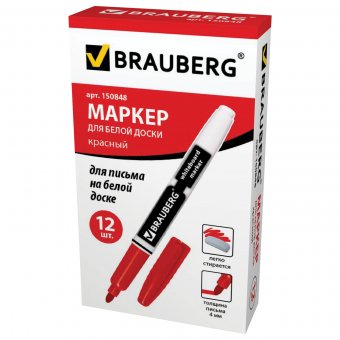 Маркер для доски BRAUBERG с клипом, круглый наконечник 4 мм, красный