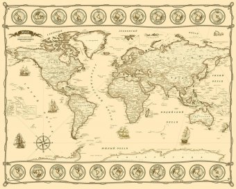 Скатерть непромокаемая "Карта Мира в морском стиле" бежевая, 180*145 см