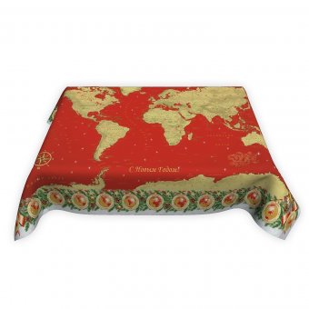 Новогодняя скатерть непромокаемая "Карта Мира" красно-золотая, 220*145 см