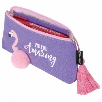 Пенал-косметичка BRAUBERG, канвас с объемной аппликацией, Flamingo, 20х3х9 см, 229001