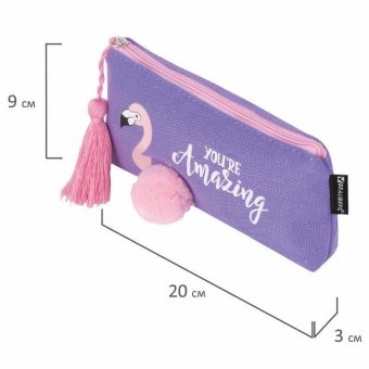 Пенал-косметичка BRAUBERG, канвас с объемной аппликацией, Flamingo, 20х3х9 см, 229001