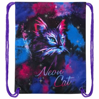 Мешок для обуви BRAUBERG PREMIUM, карман, подкладка, светоотражайка, 43х33 см, "Neon cat", 271621