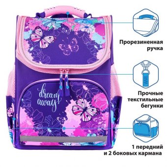 Ранец ПИФАГОР BASIC, 1 отделение, 3 кармана, эргономичная спинка, "Butterflies", 35х28х18 см, 270683