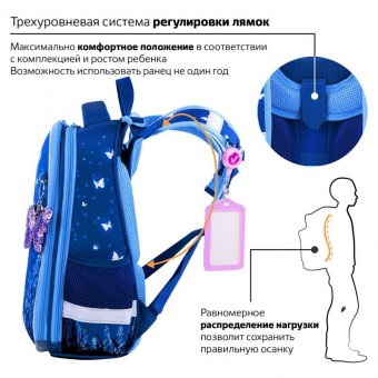 Ранец BRAUBERG PREMIUM, 2 отделения, с брелком, "Sweet dreams", СВЕТЯЩИЙСЯ, 38х29х16 см, 270593