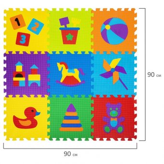 Коврик-пазл напольный 0,9х0,9 м, мягкий, "Игрушки", 9 частей 30х30 см, толщина 1 см, ЮНЛАНДИЯ, 646668, 664668