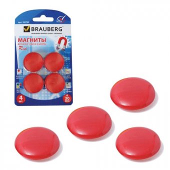Магниты красные в блистере BRAUBERG, d=30 мм, 4 шт, 231732