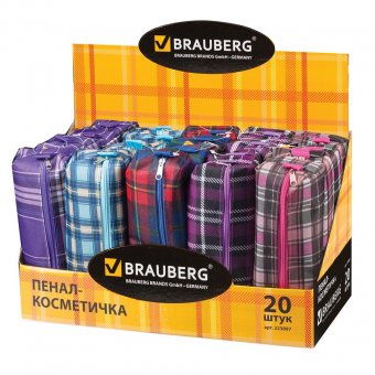 Пенал-косметичка BRAUBERG полиэстер, ассорти 5 цветов, Шотландия, 20*6*4см, дисплей, 223897
