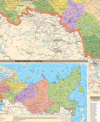 Административная карта Российской Федерации на английском языке, 1:5,5млн с рейками