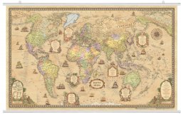 Карта Мира политическая в стиле ретро на рейках в тубусе, 1:25М