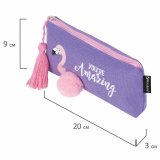 Пенал-косметичка BRAUBERG, канвас с объемной аппликацией, Flamingo, 20х3х9 см, 229001